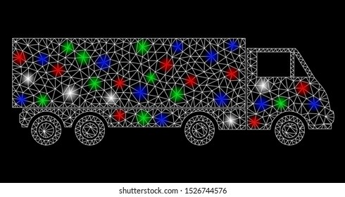 Bright mesh wagon with glare effect. White wire carcass triangular mesh in vector format on a black background. Abstract 2d mesh designed with triangular lines, points, colored light spots.