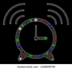 Bright mesh wake up clock with glow effect. White wire carcass polygonal mesh in vector format on a black background. Abstract 2d mesh created from polygonal grid, points, colorful flare spots.
