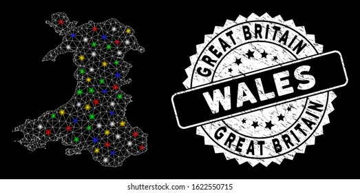 Bright mesh Wales map with lightspot effect, and rubber print. Wire carcass polygonal Wales map network in vector format on a black background. White round rubber seal with grunged textures.
