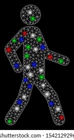 Bright mesh walking man with lightspot effect. White wire carcass triangular mesh in vector format on a black background. Abstract 2d mesh designed with triangles, round dots, colorful glare spots.