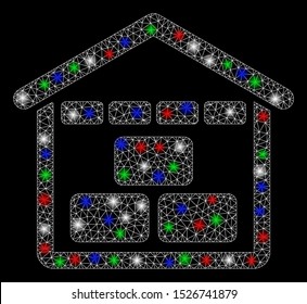 Bright mesh warehouse with glare effect. White wire frame triangular mesh in vector format on a black background. Abstract 2d mesh built from triangular lines, round dots, colored flare spots.