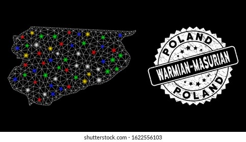 Bright mesh Warmian-Masurian Voivodeship map with lightspot effect, and stamp. Wire carcass triangular Warmian-Masurian Voivodeship map mesh in vector format on a black background.