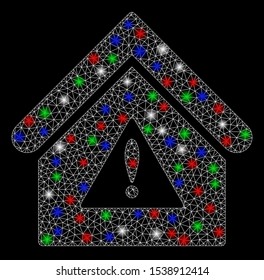 Bright mesh warning building with glow effect. White wire carcass triangular mesh in vector format on a black background. Abstract 2d mesh designed with triangles, round dots, colored flare spots.