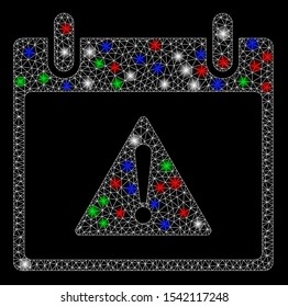 Bright mesh warning calendar day with glare effect. White wire frame triangular mesh in vector format on a black background. Abstract 2d mesh created from triangular lines, round dots,