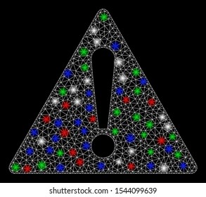 Bright mesh warning with glare effect. White wire carcass polygonal mesh in vector format on a black background. Abstract 2d mesh designed with polygonal grid, round dots, colorful flash spots.