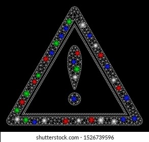 Bright mesh warning triangle with glare effect. White wire carcass triangular mesh in vector format on a black background. Abstract 2d mesh designed with triangular lines, round dots,