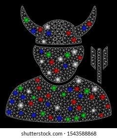 Bright mesh warrior with lightspot effect. White wire carcass triangular mesh in vector format on a black background. Abstract 2d mesh designed with triangular lines, spheric points,