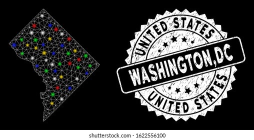 Bright mesh Washington DC map with glow effect, and stamp. Wire frame polygonal Washington DC map mesh in vector format on a black background. White round rubber stamp with distress textures.