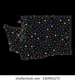 Bright mesh Washington State map with glare effect. Wire frame triangular mesh in vector format on a black background. Abstract 2d mesh created from triangular lines, small circle,