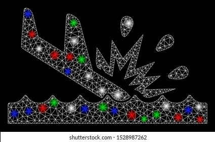 Bright mesh water air crash with glare effect. White wire carcass triangular mesh in vector format on a black background. Abstract 2d mesh created from triangular lines, points, colored light spots.