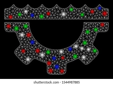 Bright mesh water service gear with glare effect. White wire frame triangular mesh in vector format on a black background. Abstract 2d mesh designed with triangles, spheric points,