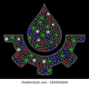 Bright mesh water service with glow effect. White wire carcass polygonal mesh in vector format on a black background. Abstract 2d mesh created from polygonal grid, small circle, colored glare spots.