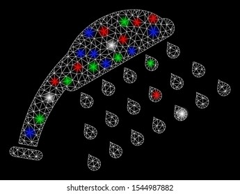 Bright mesh water shower with glare effect. White wire carcass triangular mesh in vector format on a black background. Abstract 2d mesh created from triangular lines, round dots, colorful glare spots.