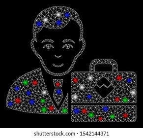 Bright mesh waves accounter with glow effect. White wire frame triangular mesh in vector format on a black background. Abstract 2d mesh designed with triangles, dots, colored flare spots.