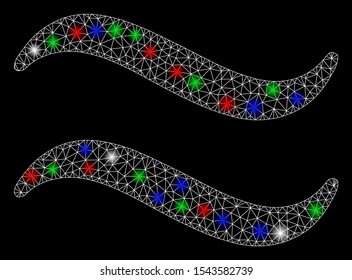 Bright mesh waves with lightspot effect. White wire carcass polygonal network in vector format on a black background. Abstract 2d mesh designed with polygonal grid, dots, colorful flare spots.