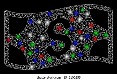 Bright mesh waving dollar banknote with glare effect. White wire carcass triangular mesh in vector format on a black background. Abstract 2d mesh built from triangular lines, small circle,
