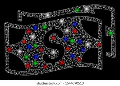 Bright mesh waving dollar banknotes with glow effect. White wire frame polygonal mesh in vector format on a black background. Abstract 2d mesh designed with polygonal grid, round dots,