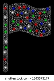 Bright mesh waving flag with glare effect. White wire frame triangular mesh in vector format on a black background. Abstract 2d mesh created from polygonal grid, dots, colored glare spots.