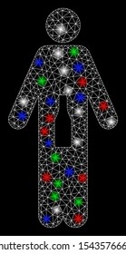Bright mesh WC man with glare effect. White wire carcass polygonal mesh in vector format on a black background. Abstract 2d mesh created from polygonal grid, small circle, colorful glare spots.