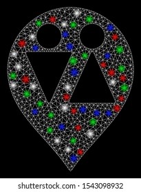 Bright mesh WC map marker with lightspot effect. White wire carcass polygonal network in vector format on a black background. Abstract 2d mesh designed with polygonal grid, points,