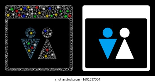 Bright mesh WC persons calendar page icon with glare effect. Abstract illuminated model of WC persons calendar page. Shiny wire frame triangular mesh WC persons calendar page icon.