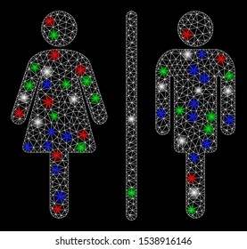 Bright mesh WC persons with glare effect. White wire frame polygonal mesh in vector format on a black background. Abstract 2d mesh designed with polygonal grid, small circle, colorful flash spots.
