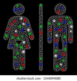 Bright mesh WC persons with glare effect. White wire carcass polygonal mesh in vector format on a black background. Abstract 2d mesh created from polygonal grid, small circle, colored light spots.