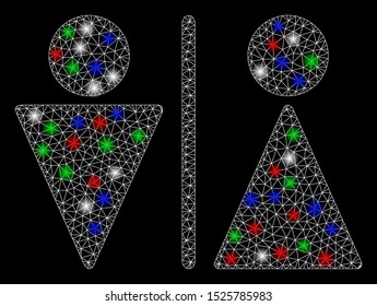 Bright mesh WC persons with glow effect. White wire carcass polygonal mesh in vector format on a black background. Abstract 2d mesh designed with polygonal grid, dots, colorful light spots.