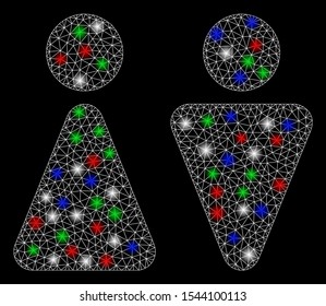 Bright mesh WC persons with glow effect. White wire frame triangular mesh in vector format on a black background. Abstract 2d mesh built from triangular lines, spheric points, colored glare spots.
