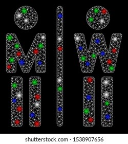 Bright mesh WC persons with lightspot effect. White wire carcass polygonal mesh in vector format on a black background. Abstract 2d mesh designed with polygonal grid, dots, colorful flash spots.