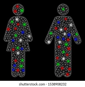 Bright mesh WC persons with lightspot effect. White wire carcass polygonal mesh in vector format on a black background. Abstract 2d mesh designed with polygonal grid, points, colored flare spots.