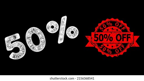 La red de malla brillante 50 por ciento con focos y el sello de timbre de 50 por ciento Off grunge. El sello rojo contiene un 50% de título Off dentro de la cinta.