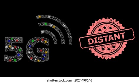 Bright mesh web 5G symbol with bright dots, and Distant unclean rosette stamp. Illuminated vector mesh created from 5G symbol. Pink stamp includes Distant text inside rosette.