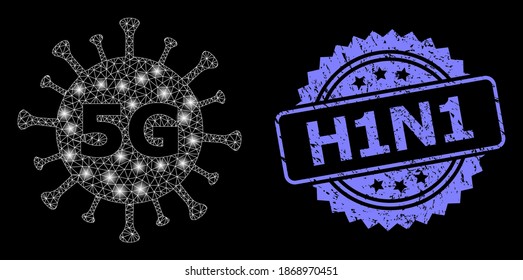 Bright mesh web 5G virus with glowing spots, and H1N1 scratched rosette stamp seal. Illuminated vector model created from 5G virus icon. Blue seal has H1N1 title inside rosette.
