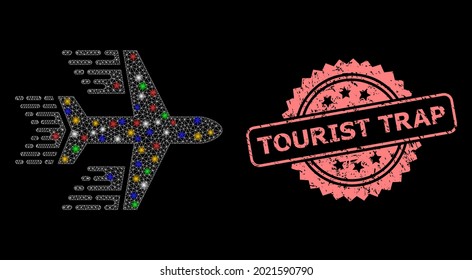 Bright mesh web aircraft with flash nodes, and Tourist Trap corroded rosette stamp seal. Illuminated vector mesh created from aircraft symbol. Pink stamp seal contains Tourist Trap tag inside rosette.