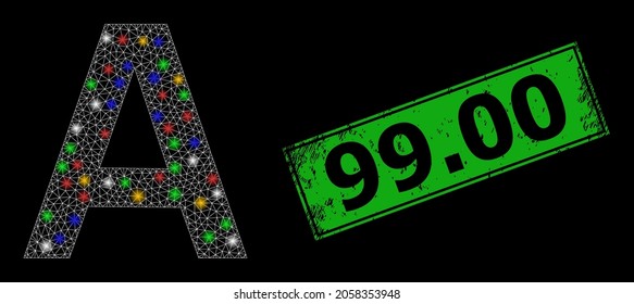 Bright mesh web Alpha Greek symbol with multicolored flash nodes, and grunge 99.00 stamp. Green stamp has 99.00 title inside framed rectangle.