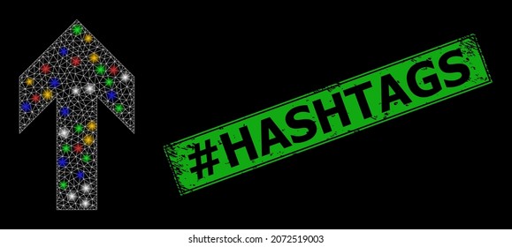 Bright mesh web up arrow direction with vibrant flash nodes, and grunge hashtag Hashtags seal stamp. Green stamp seal contains hashtag Hashtags tag inside framed rectangle.