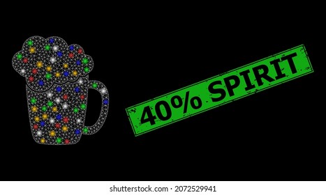 Bright mesh web beer glass foam with colorful bright dots, and grunge 40 discount Spirit seal stamp. Green stamp seal includes 40 discount Spirit text inside framed rectangle.