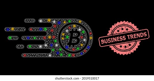 Bright mesh web bitcoin with bright dots, and Business Trends dirty rosette stamp seal. Illuminated vector mesh created from bitcoin icon. Pink stamp contains Business Trends tag inside rosette.