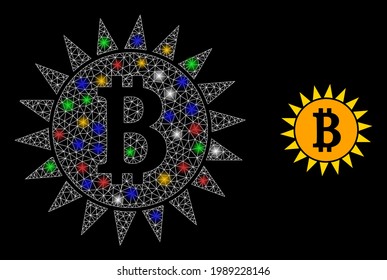 Bright mesh web bitcoin shine with vibrant bright dots. Constellation vector frame created from bitcoin shine icon. Sparkle frame wired bitcoin shine, on a black backgound.
