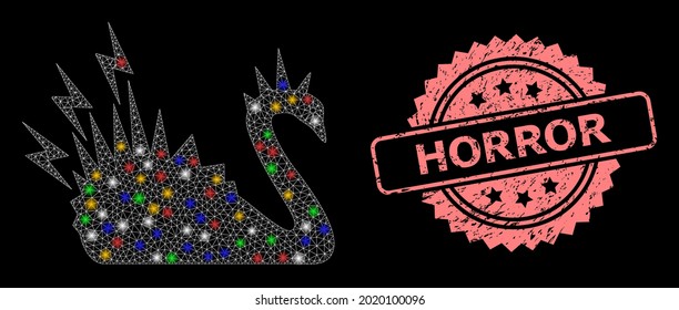 Bright mesh web black danger swan with bright dots, and Horror textured rosette stamp seal. Illuminated vector mesh created from black danger swan icon.
