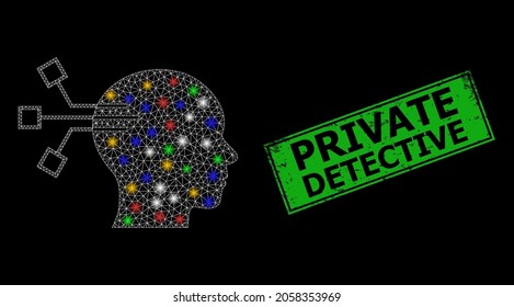 Bright mesh web brain link with multi colored bright dots, and grunge Private Detective seal stamp. Green stamp seal includes Private Detective text inside framed rectangle.