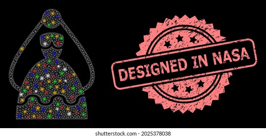 Bright mesh web bride with bright dots, and Designed in NASA dirty rosette stamp seal. Illuminated vector structure created from bride pictogram.