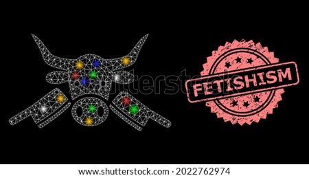 Bright mesh web butchery with light spots, and Fetishism dirty rosette seal print. Illuminated vector mesh created from butchery pictogram. Pink seal has Fetishism title inside rosette.