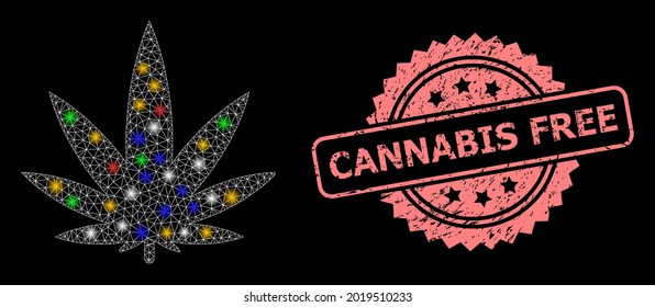 Bright mesh web cannabis with glowing spots, and Cannabis Free textured rosette seal. Illuminated vector model created from cannabis symbol. Pink seal contains Cannabis Free text inside rosette.