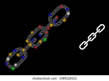 Bright mesh web chain integrity with colorful glowing spots. Illuminated vector mesh created from chain integrity symbol. Sparkle carcass mesh chain integrity, on a black backgound.