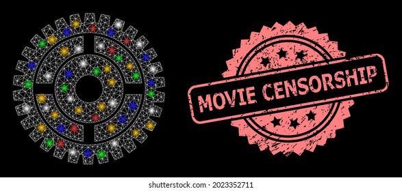 Bright mesh web clock wheel with flash nodes, and Movie Censorship textured rosette seal. Illuminated vector mesh created from clock wheel pictogram.
