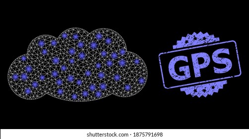 Bright mesh web cloud with light spots, and GPS dirty rosette stamp seal. Illuminated vector model created from cloud icon. Blue stamp seal includes GPS title inside rosette.