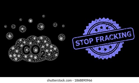 Bright mesh web CO2 gas emission with light spots, and Stop Fracking dirty rosette stamp. Illuminated vector constellation created from CO2 gas emission icon.