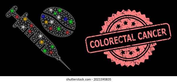 Bright mesh web coffein syringe with lightspots, and Colorectal Cancer textured rosette watermark. Illuminated vector mesh created from coffein syringe icon.